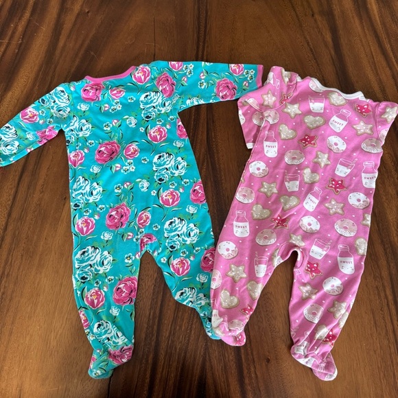 Wonder Nation Baby Girl Floral and Pink Zip One Piece Pajama Set of 2 6-9M - Picture 2 of 4